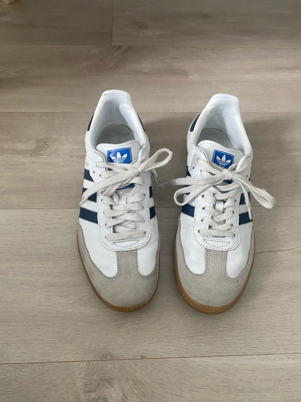 adidas Samba Men's White Leather Sneakers with Navy Stripes and Taupe suede toe